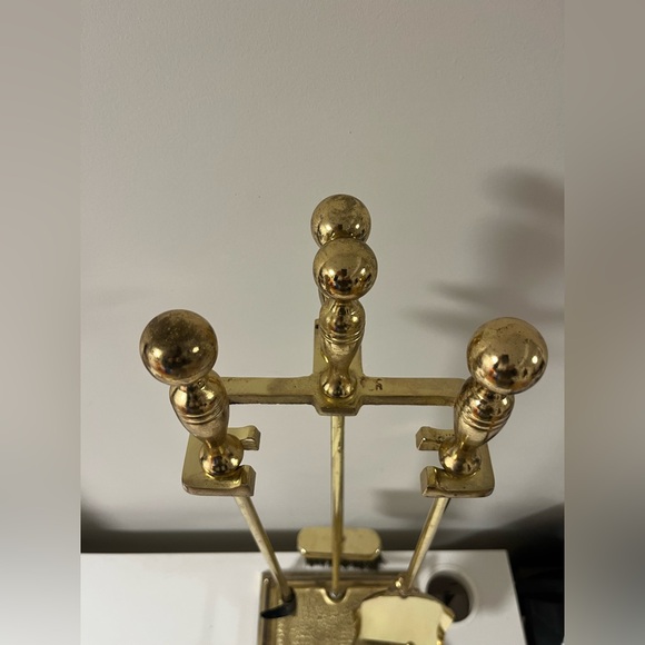 Vintage Elegant Shiny Brass Fireplace Tool Set 3 Piece + Stand - Picture 6 of 9